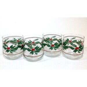 Vintage Christmas Drinking Glass Wreath Holly Berries Set Of 4 12oz 3.5"